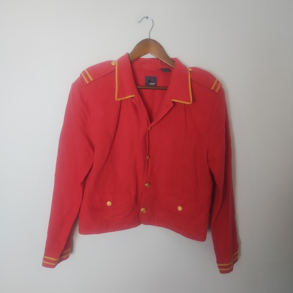 Vintage Lizwear Military Jacket Women's 12 Linen Blend Crest Button Cropped 90s